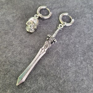 Pair or Single Sword Skull Mismatched Silver Earrings Alt goth Witchy huggie hoop jewelry dangle steel pierced ear men grunge punk 18g knife