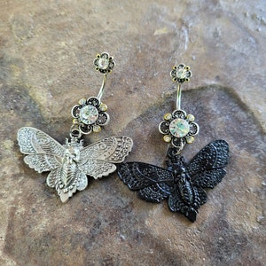 Black Silver Death Moth Belly Ring Witchy Dark Mall Goth Alt Grunge unique big button piercing body jewelry gothic skull bat victorian navel