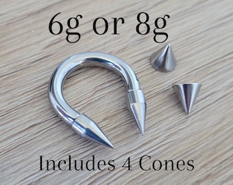 6g or 8g Long Spike Cone Septum Stretching Ring Horseshoe Silver 316L Surgical Steel 6g 8g piercing nose big metal gauge 12mm 16mm large
