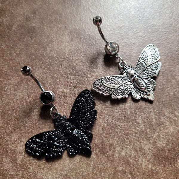 Black Silver Death Moth Belly Ring Witchy Dark Mall Goth Alt Grunge core aesthetic unique big  button piercing body jewelry gothic skull bat