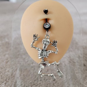 Big Skeleton Belly Ring Witchy Dark Goth Alt Grunge Punk Halloween women button piercing spooky  jewelry black skull dangle silver gauge 14g