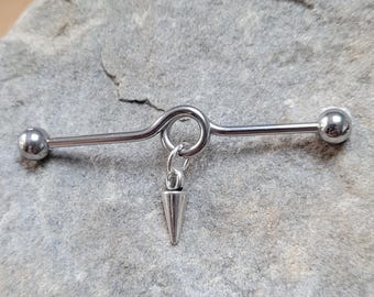 Industrial Barbell with Spike Dangle Charm - 14g Surgical Steel Scaffold Piercing, 38mm