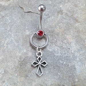 Goth Cross Red Gem Belly Ring 14g – Silver Dangle Navel Jewelry, Alt Punk Gothic Grunge Charm, Body Piercing, Edgy Birthday Gift Renaissance