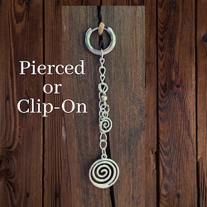 Goth Swirl Spiral Silver Dangle Earrings Hoop Huggie Steel Chain Drop Charm piercing ear alt Clip On Fake men gift punk grunge black dark