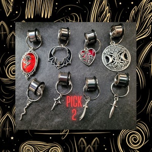 Pick 2 Hoop Gauges Tunnels Ear Plugs converter Earrings hanger 4g 2g 0g 00g 7/16 1/2 9/16 5/8 3/4 7/8 1 inch snake goth punk bat rose sword