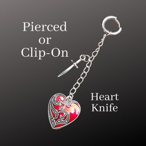 Red Heart Knife Silver Dangling Hoop Earrings Huggie Steel Chain Drop Charm pierced ear alt Clip On Fake punk grunge single edgy men pair