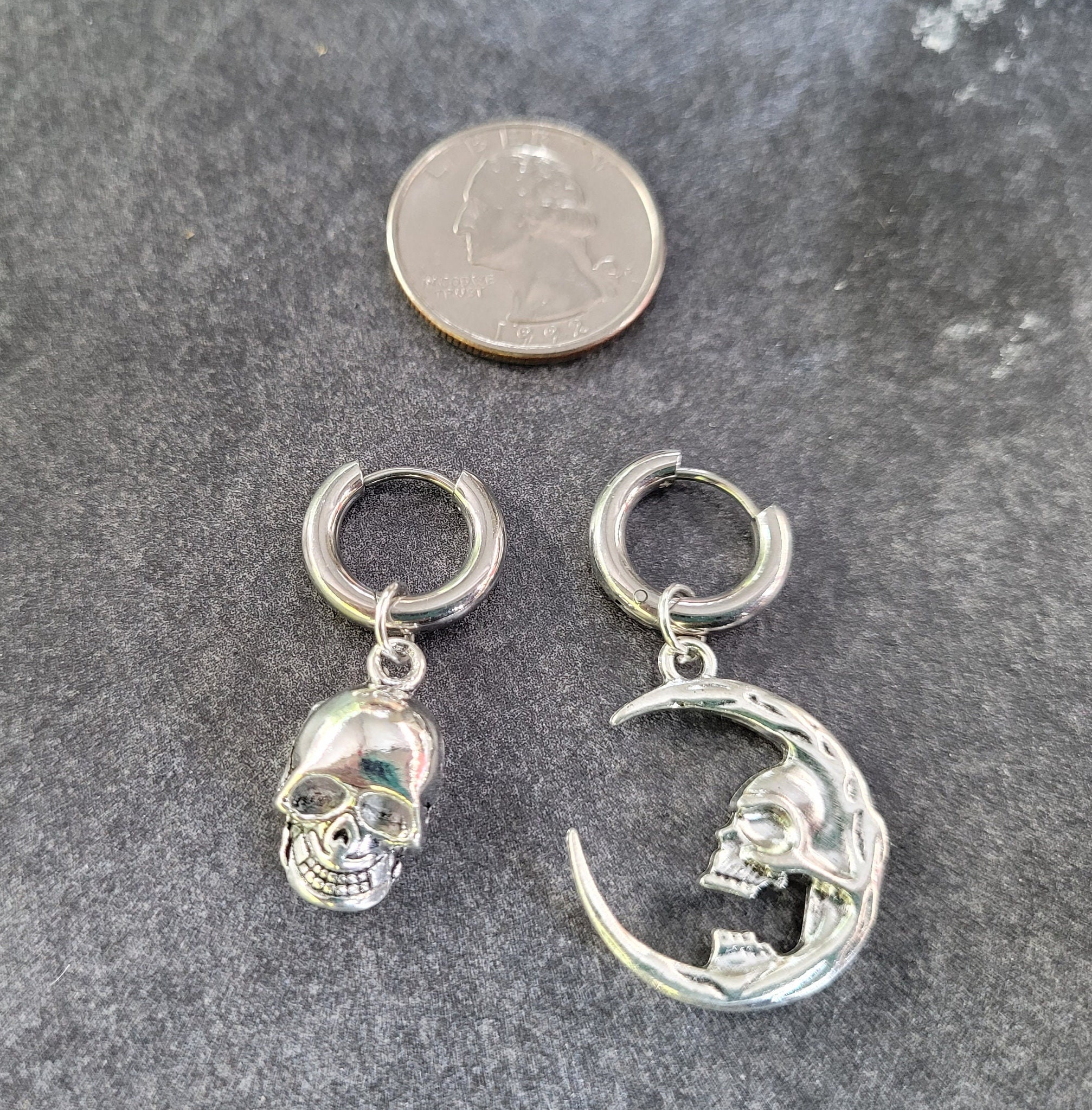 Pair or Single Skull Moon Mismatched Silver Earrings Alt
