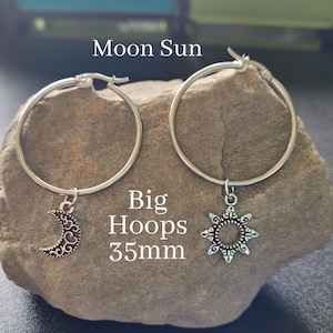 Paire de grandes boucles d'oreilles soleil lune argent céleste grunge Punk bijoux pendants en acier goth oreille percée breloque bohème hippie dépareillée mignon grand