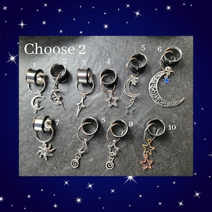 Pick 2 Plug Hoops Gauges Tunnels Ear Dangle Earrings hanger 4g 2g 0g 00g 7/16 1/2 9/16 5/8 3/4 7/8 1 inch goth sun moon star cat fairy steel