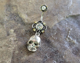 Piercing per ombelico con teschio gotico – Gioielli da piercing grunge dark e alternativo – Piercing per ombelico in argento per Halloween, occulto, estetica vittoriana 14 g