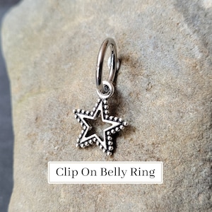 Anillo de ombligo falso con forma de estrella gótica, de plata, pequeño aro con clip, estilo gótico punk Y2K, para ombligo, pendiente, anillo para la nariz, sin perforación, para hombre, estilo alternativo, sol y luna