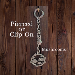 Mushroom Earring Dangle Hoop Huggie Steel Chain Drop Charm pierced Clip On Fake silver boho hippie gift goth jewelry pair silver cottagecore