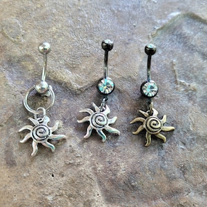 Sun Belly Ring Goth Grunge Gothic Alt boho hippie silver black dangle button body jewelry bronze punk navel moon gift 14g swirl celestial