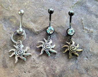 Sun Belly Ring Goth Grunge Gothic Alt boho hippie silver black dangle button body jewelry bronze punk navel moon gift 14g swirl celestial