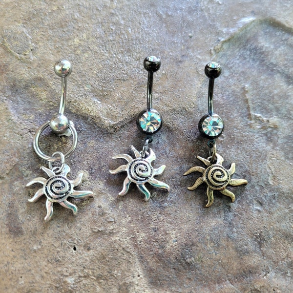 Sun Belly Ring Goth Grunge Gothic Alt boho hippie silver black dangle button body jewelry bronze punk navel moon gift 14g swirl celestial