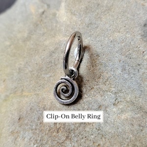 FAKE Belly Ring Goth Swirl Spiral Silver Tiny Hoop Clip On Faux Goth Punk Y2K navel button jewelry earring nose ring non piercing men alt