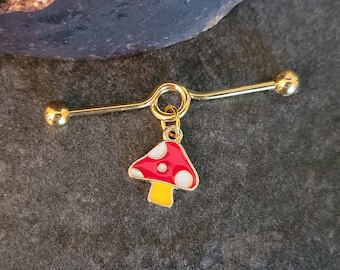 Gold Red Mushroom Industrial Barbell piercing Cottagecore dangle charm bar jewelry unique boho hippie 14g 38mm nature fairy piercing