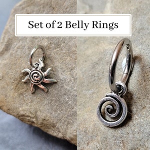 2 Belly Rings Sun Swirl Goth Silver Tiny Hoop Clicker Celestial Cottagecore Y2K Hippie Boho navel button piercing jewelry set alt 14g 16g