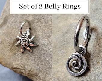 2 Belly Rings Sun Swirl Goth Silver Tiny Hoop Clicker Celestial Cottagecore Y2K Hippie Boho navel button piercing jewelry set alt 14g 16g