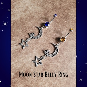 Silver Star Moon Belly Button Ring Dangle Navel Piercing – 14g Celestial Goth Y2K Boho Hippie Jewelry with Blue or Yellow Gems whimsical