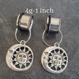 Dangle Tunnel Earrings for Stretched Ears Silver Moon Sun Gauges Plug Hoops – 4g 2g 0g 00g 7/16 1/2 9/16 5/8 3/4 7/8 1&quot; Boho Hippie Star