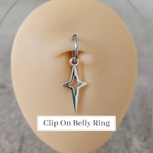 Anillo de ombligo falso con forma de estrella gótica, pequeño aro plateado con clip, estilo gótico punk Y2K, joyería para el ombligo, pendiente, anillo para la nariz, sin perforación, para hombre, estilo alternativo, sol y luna