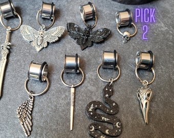 Tunnels Dangle Gauges Hoop Stretched Ear Plugs hangers 4g 2g 0g 00g 7/16 1/2 9/16 5/8 3/4 7/8 1 inch snake goth punk skull moth sword men