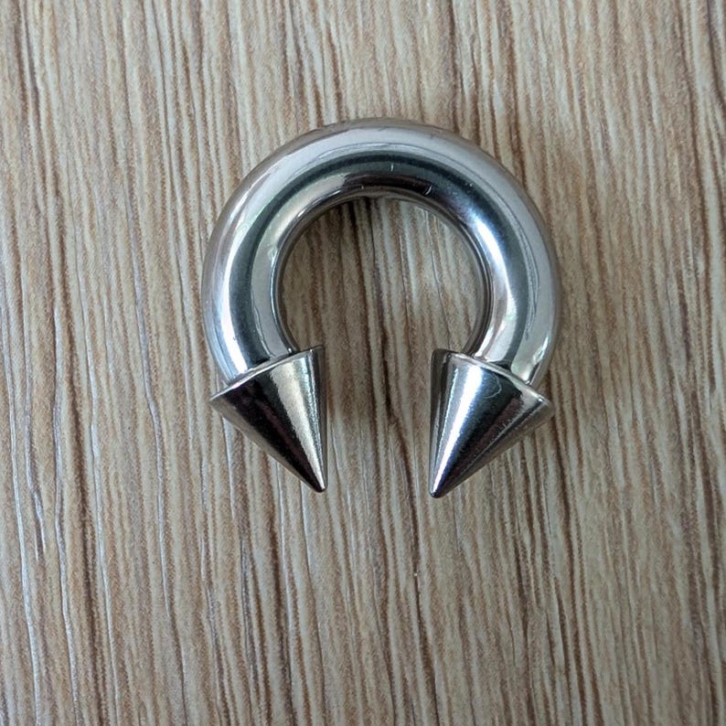 May include: A circular silver-toned metal horseshoe barbell body jewelry piece featuring two pointed cone-shaped ends. The smooth, polished surface of the curved bar reflects light, and the two spikes are positioned at the bottom of the curve.