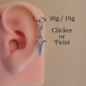 18g 16g Silver Goth Star Clicker Ring Hoop Dangle Charm Helix Rook Daith Tragus Earring cartilage piercing ear 8mm 10mm punk alt men moon