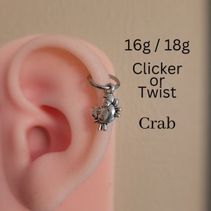 Anneau clicker articulé crabe en argent, créoles pendants, charme Helix Rook Daith Tragus, piercing de cartilage oreille 8 mm 10 mm plage boho océan 18 g