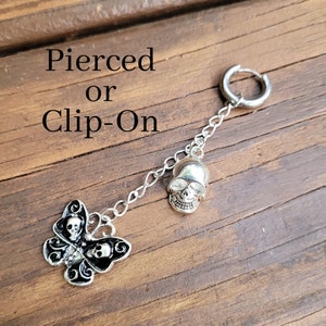 Skull Death Moth Goth Dangle Earrings Hoop Huggie Steel Chain Drop Charm piercing ear alt Clip On Fake men gift punk grunge black dark 18g