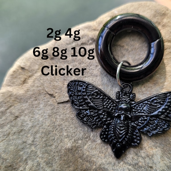 2g 4g 6g 8g Hinged Clicker Ring Death Moth Hoops Dangle Gauge Spirals Hangers Earrings piercing ear goth Black septum stretching jewelry alt