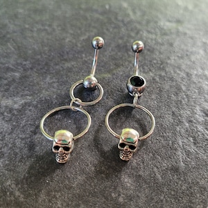 Gothic Skull Hoop Belly Button Ring – Silver Black Gem Dangle Navel Piercing – Halloween Punk Alt Victorian 14g - double knocker - statement