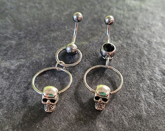 Belly Ring Skull Hoop Halloween Gothic Alt silver black  gem dangle button body jewelry punk navel gift 14g Victorian y2k mall circle hoop