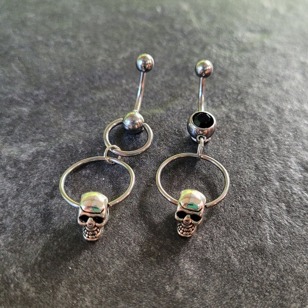 Belly Ring Skull Hoop Halloween Gothic Alt silver black  gem dangle button body jewelry punk navel gift 14g Victorian y2k mall circle hoop