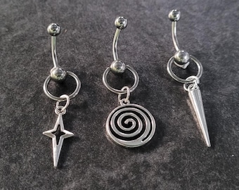 Piercing para el ombligo con forma de espiral de estrella y pincho gótico, estilo grunge, estilo gótico, color plata y negro, con forma de botón colgante, joyería para el cuerpo, piercing para el ombligo estilo punk, regalo para mujer de 14 g de largo