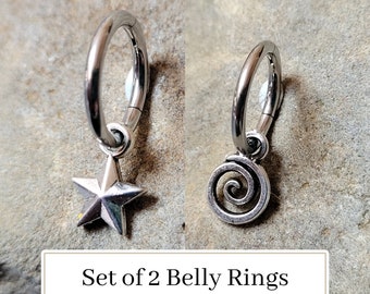 2 aros para el ombligo con forma de estrella, espiral gótica, plata, pequeños aros con aro, piercing para el ombligo Y2K, calibre 14 g y 16 g, hélice, caracola, Daith