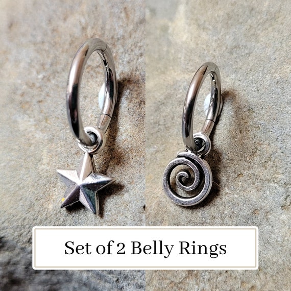 2 Belly Rings Star Swirl Spiral Goth Silver Tiny Hoop Clicker charms Y2K navel button piercing jewelry set 14g 16g gauge Helix Conch Daith