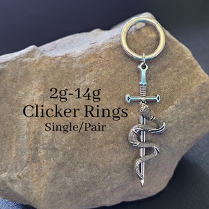 Snake Sword Knife Clicker Ring – 2g 4g 6g 8g 10g 12g 14g Punk Gauge Hoop Earring, Silver Dangle Plug Charm, Goth Steel Hanger for Men