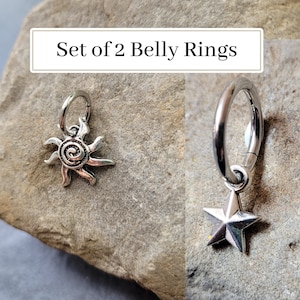 2 Belly Button Hoop Rings Rook Helix Daith Sun Star Goth Silver Tiny Clicker Celestial Steel navel piercing jewelry set moon 14g 16g gauge