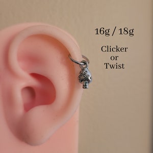 Anneau clicker à charnière champignon en argent 18 g, breloque pendante Helix Rook Daith Tragus boucle d'oreille cartilage piercing oreille 8 mm 10 mm bohème hippie