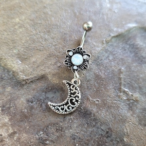 Dangly Goth Moon Belly Button Ring Opal Witchy Dark Alt Grunge Victorian Celestial silver button piercing gem boho dangle Renaissance 14g