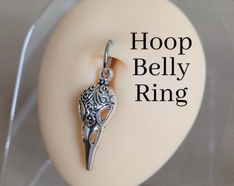 Belly Ring Raven Skull Goth Silver Hoop Clicker 14g 16g Goth Punk Y2K Hippie Boho navel button piercing jewelry unique punk alt crow viking