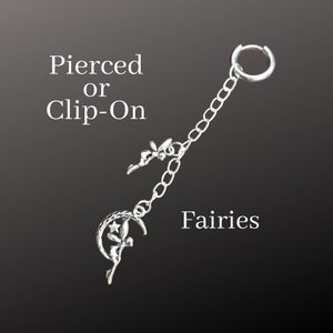 Fairy Earrings Dangle Hoop Huggie Steel Chain Drop Charm piercing ear alt Clip On Fake silver boho hippie gift goth jewelry pair silver moon