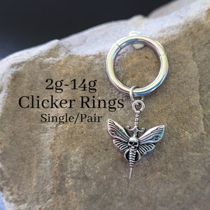 2g 4g 6g 8g 10g 12g 14g Goth Luna Death Moth Clicker Ring Hoop punk Gauges Earring piercing ear alt silver plug charm septum skull hanger