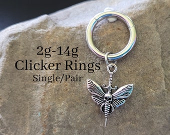 2g 4g 6g 8g 10g 12g 14g Goth Luna Death Moth Clicker Ring Hoop punk Gauges Earring piercing ear alt silver plug charm septum skull hanger