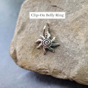 FALSO Anillo del vientre Sol Plata Tiny Hoop Celestial Clip en Faux Fairycore Y2K Hippie Boho ombligo botón no perforar joyería estrella pendiente anillo de la nariz