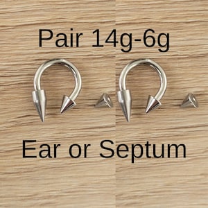 Pair Spike Cone Horseshoe Rings – 6g 8g 10g 12g 14g Surgical Steel Earrings, Silver Piercing Jewelry for Nose or Ear, 12mm 16mm stretched