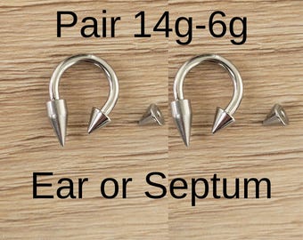 Pair Silver Spike Horseshoe Earrings  – 6g 8g 10g 12g 14g for Stretched Gauged Ears Septum Nose Cartilage Helix 12mm 16mm fat edgy goth