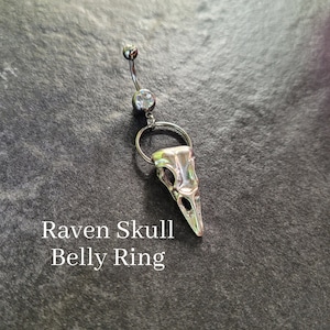 Raven Bird Skull Belly Button Ring Navel Goth Alt Grunge unique edgy Halloween silver piercing dangle jewelry viking crow barbell big large